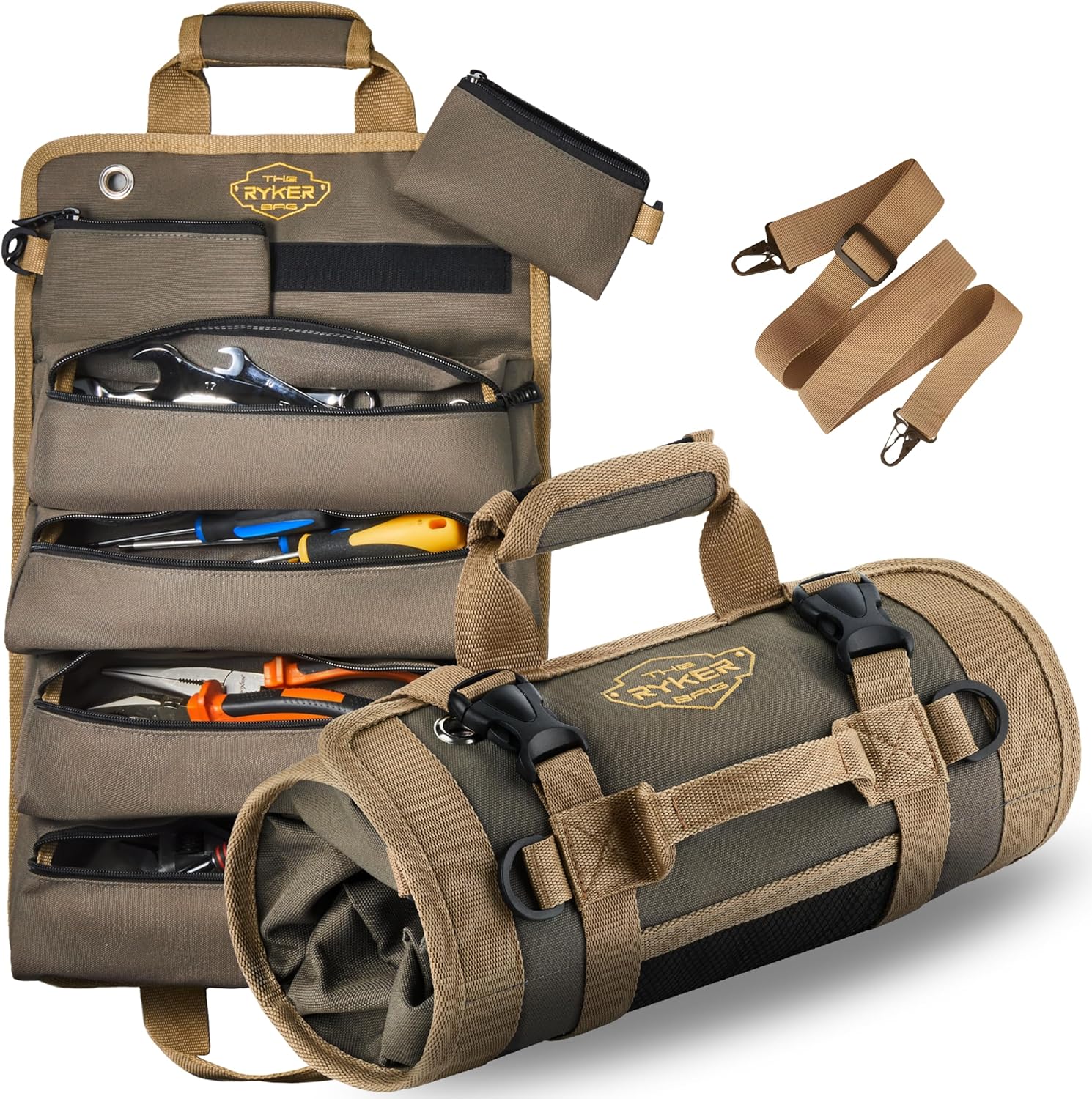 Ryker Heavy Duty Roll Up Tool Bag Organizer w\/Detachable Pouches, Khaki | Tool Roll Up Bag Tool Box Organization. Portable Truck & Motorcycle accessories. Rollup Tools Bags for Mechanic & Electrician